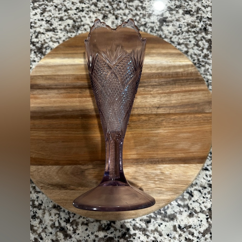 Antique EAPG Purple Glass Trumpet Vase Diamond Panel Sunburst